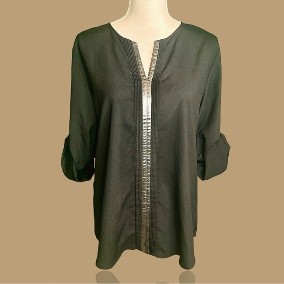 Calvin Klein Black & Silver Metallic Roll Tab Sleeve Notch Neck Blouse Size L - Picture 1 of 9